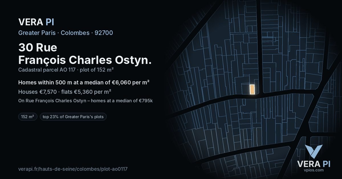 30 Rue François Charles Ostyn, Colombes at night – the plot lit, the parcels around coloured by the prices near them