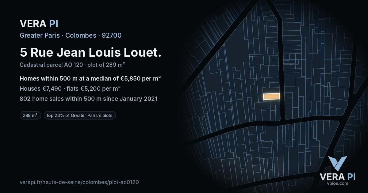 5 Rue Jean Louis Louet, Colombes at night – the plot lit, the parcels around coloured by the prices near them