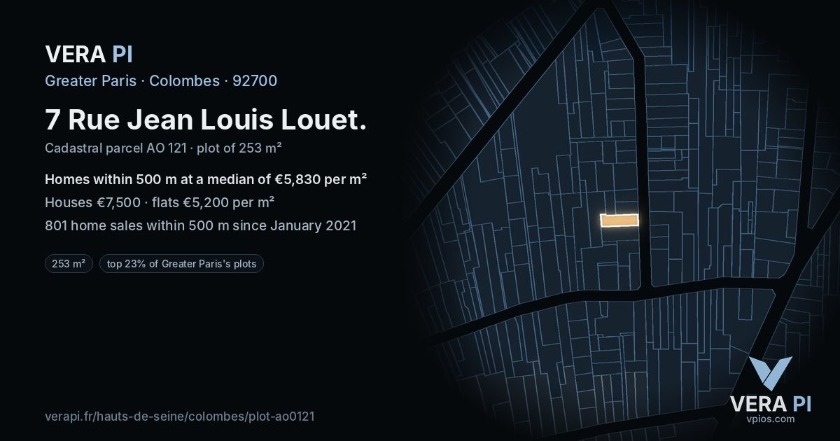 7 Rue Jean Louis Louet, Colombes at night – the plot lit, the parcels around coloured by the prices near them