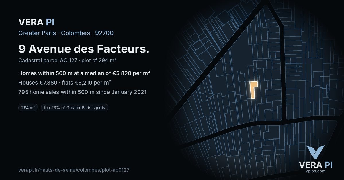9 Avenue des Facteurs, Colombes at night – the plot lit, the parcels around coloured by the prices near them
