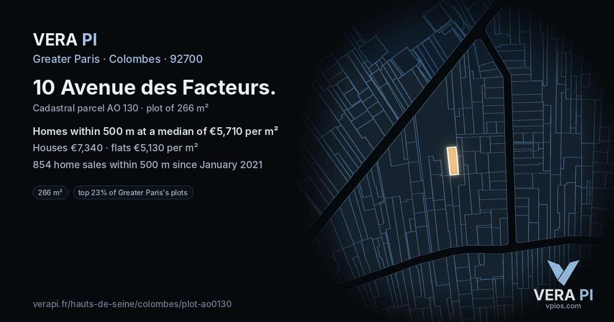 10 Avenue des Facteurs, Colombes at night – the plot lit, the parcels around coloured by the prices near them