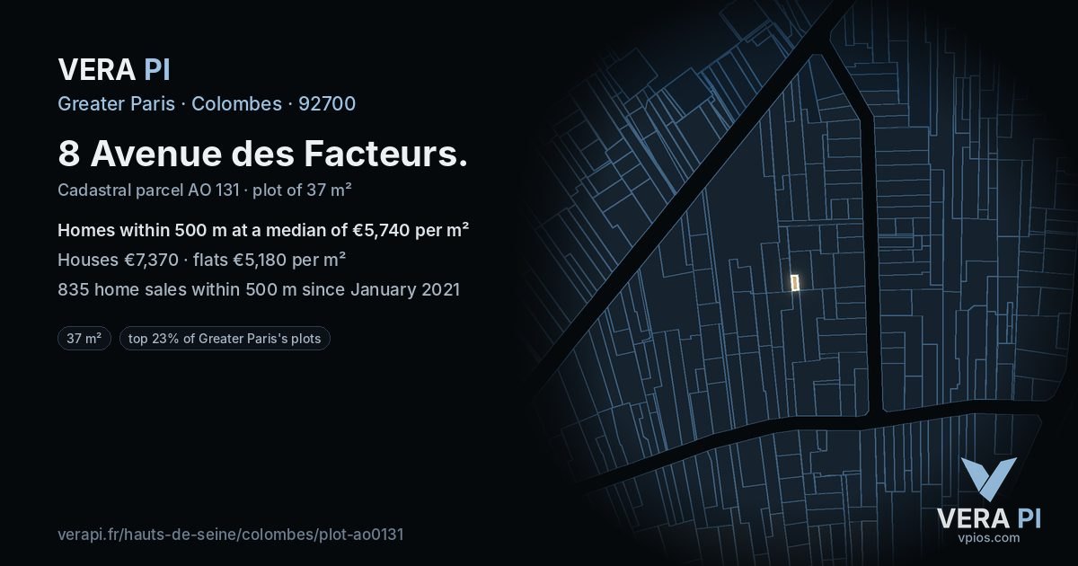 8 Avenue des Facteurs, Colombes at night – the plot lit, the parcels around coloured by the prices near them