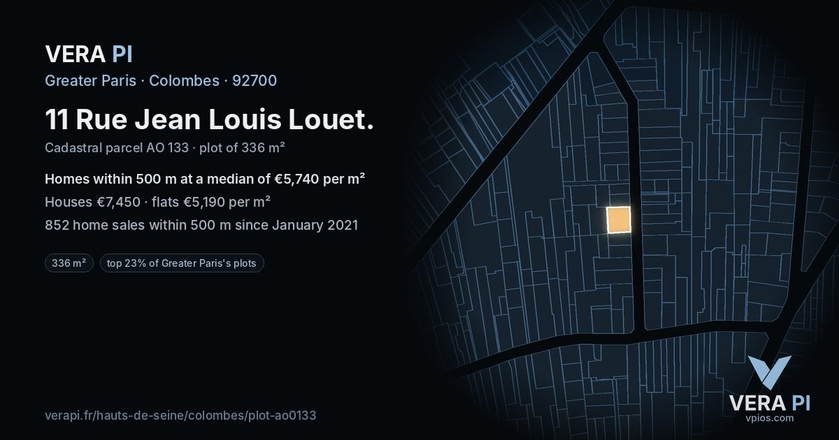 11 Rue Jean Louis Louet, Colombes at night – the plot lit, the parcels around coloured by the prices near them