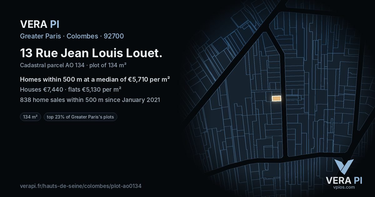 13 Rue Jean Louis Louet, Colombes at night – the plot lit, the parcels around coloured by the prices near them