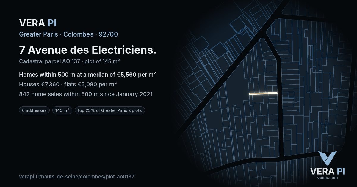 7 Avenue des Electriciens, Colombes at night – the plot lit, the parcels around coloured by the prices near them