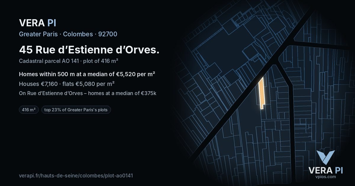 45 Rue d’Estienne d’Orves, Colombes at night – the plot lit, the parcels around coloured by the prices near them