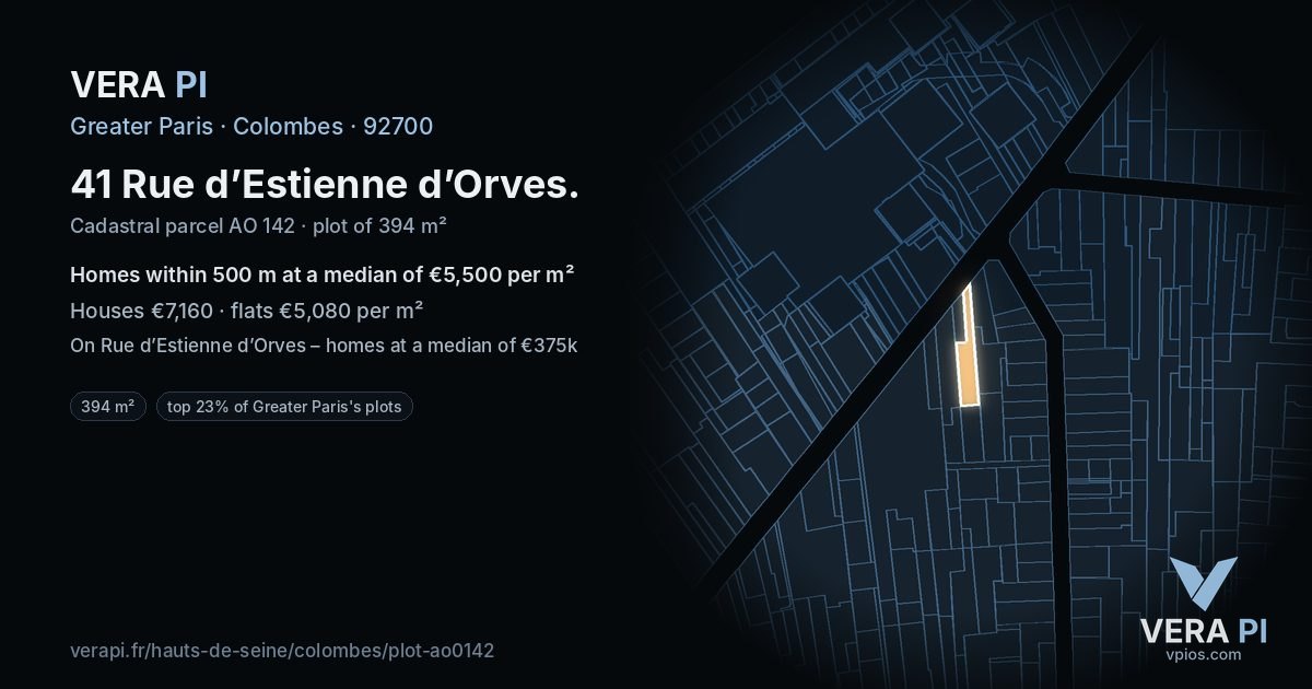 41 Rue d’Estienne d’Orves, Colombes at night – the plot lit, the parcels around coloured by the prices near them