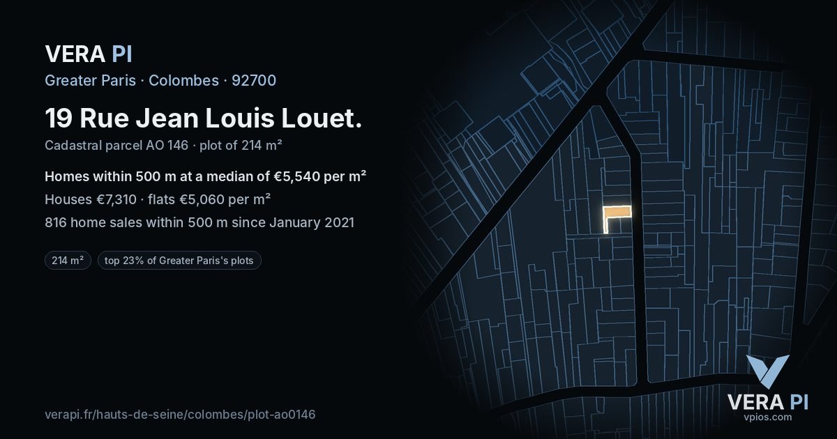 19 Rue Jean Louis Louet, Colombes at night – the plot lit, the parcels around coloured by the prices near them