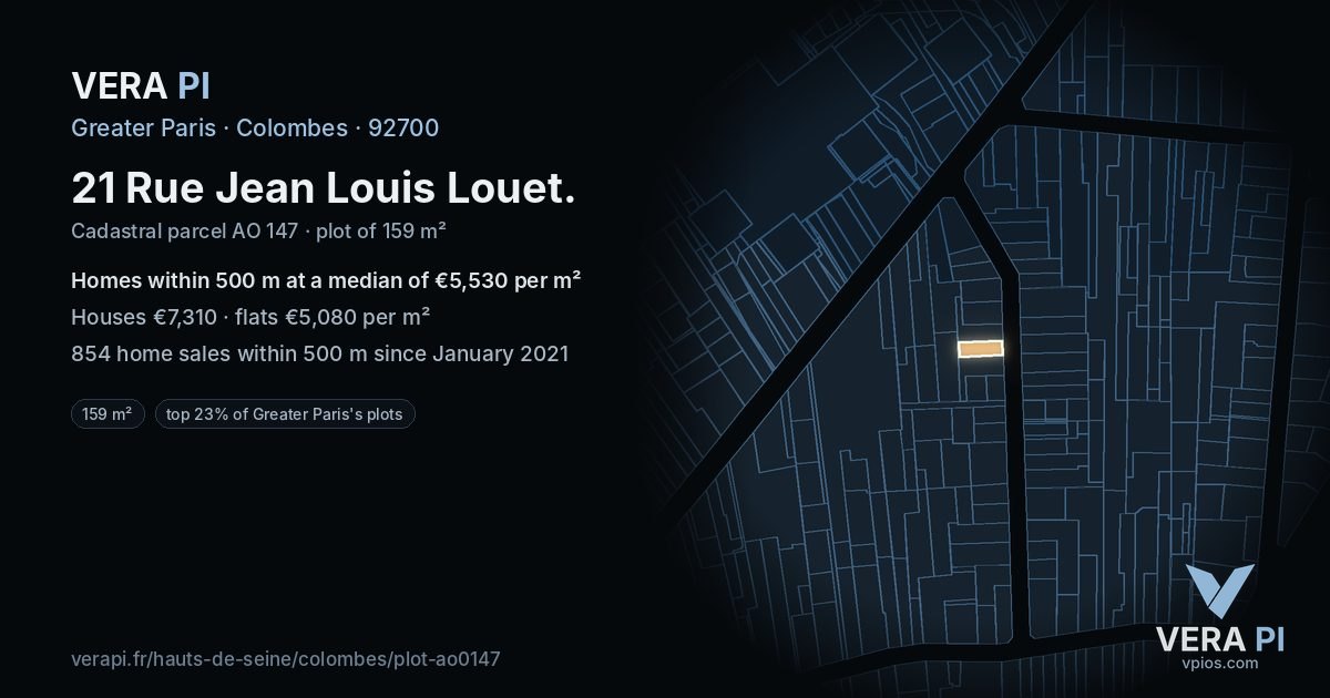 21 Rue Jean Louis Louet, Colombes at night – the plot lit, the parcels around coloured by the prices near them