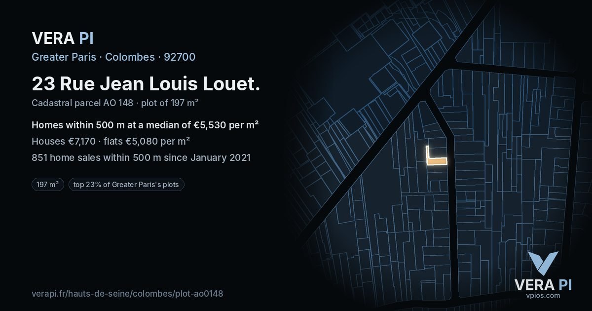 23 Rue Jean Louis Louet, Colombes at night – the plot lit, the parcels around coloured by the prices near them