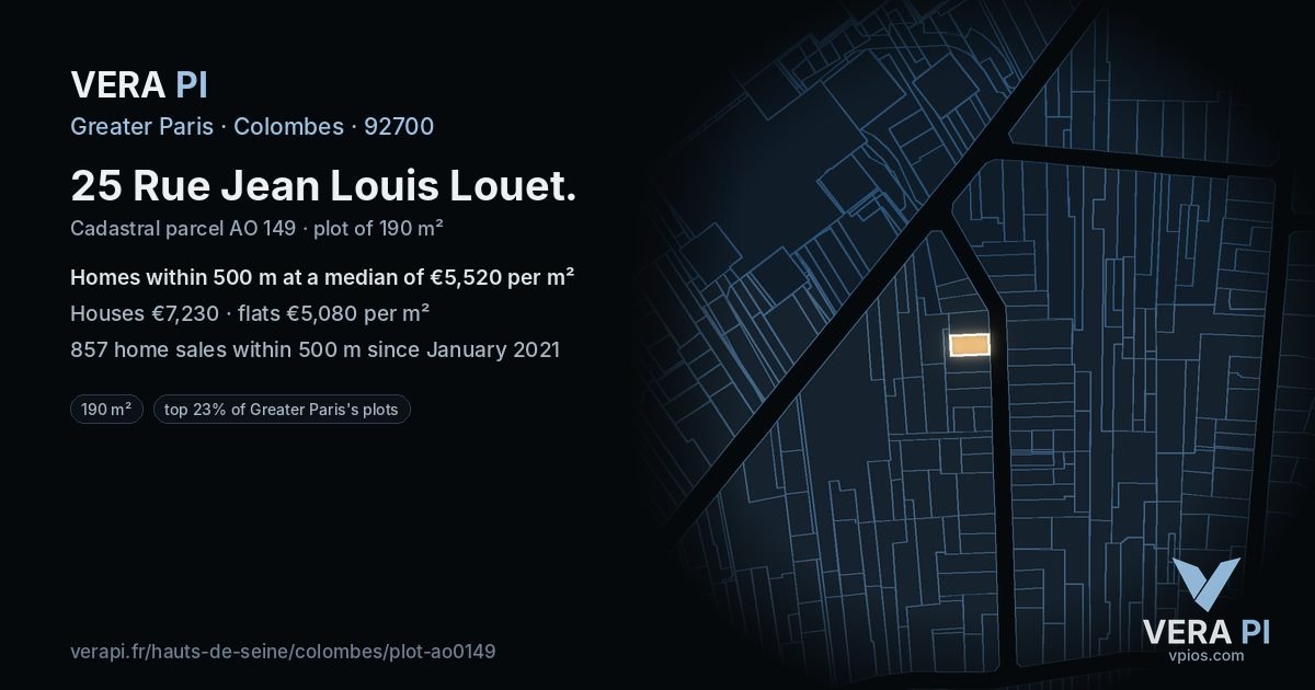 25 Rue Jean Louis Louet, Colombes at night – the plot lit, the parcels around coloured by the prices near them