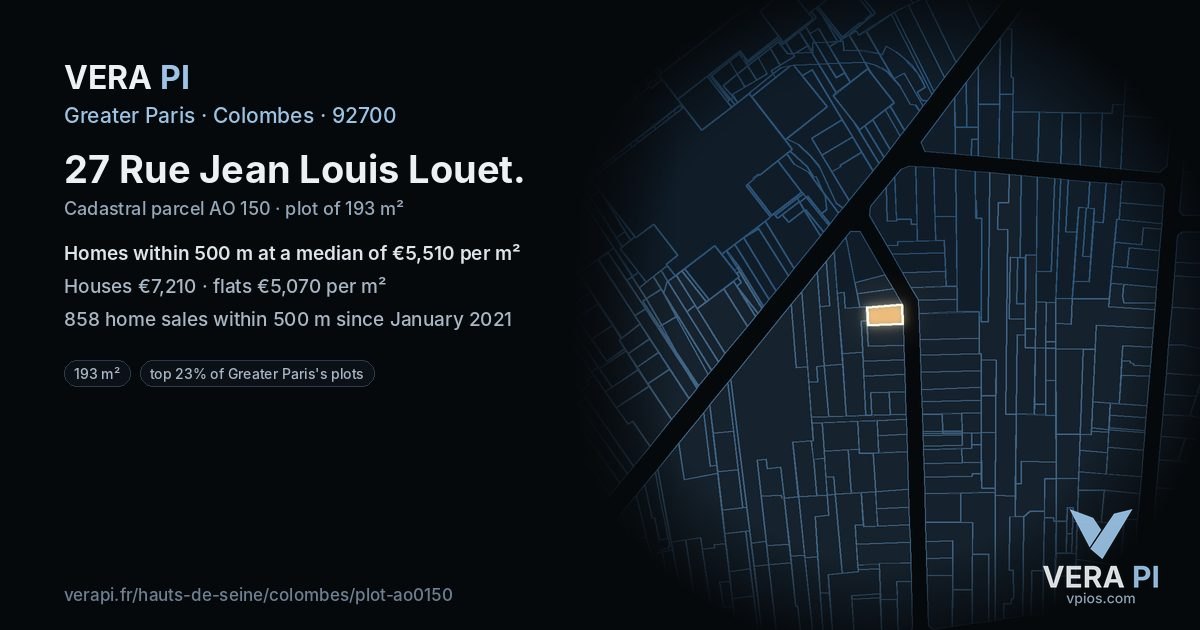 27 Rue Jean Louis Louet, Colombes at night – the plot lit, the parcels around coloured by the prices near them