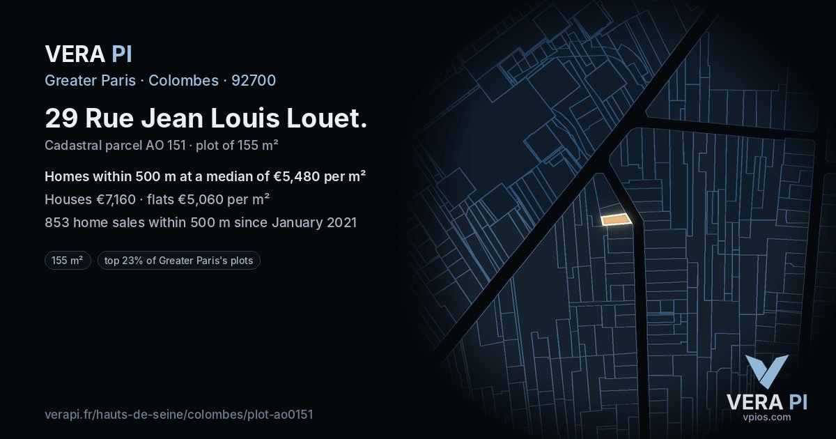 29 Rue Jean Louis Louet, Colombes at night – the plot lit, the parcels around coloured by the prices near them