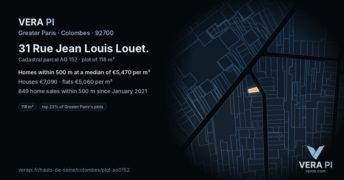 31 Rue Jean Louis Louet, Colombes at night – the plot lit, the parcels around coloured by the prices near them