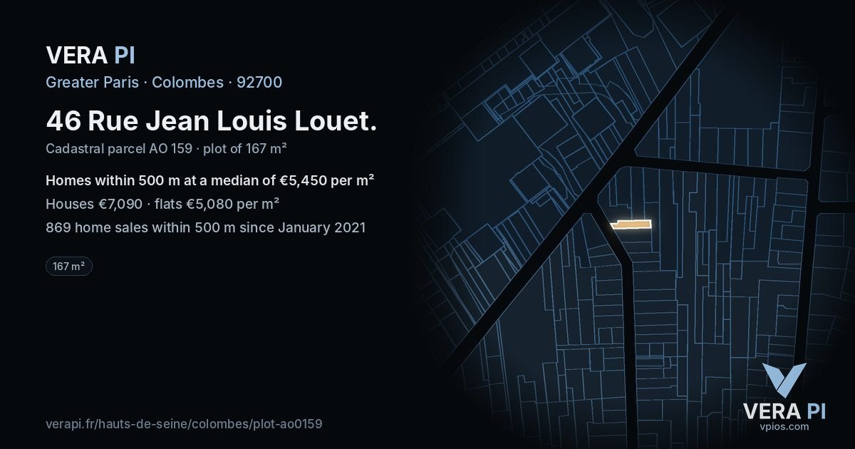 46 Rue Jean Louis Louet, Colombes at night – the plot lit, the parcels around coloured by the prices near them