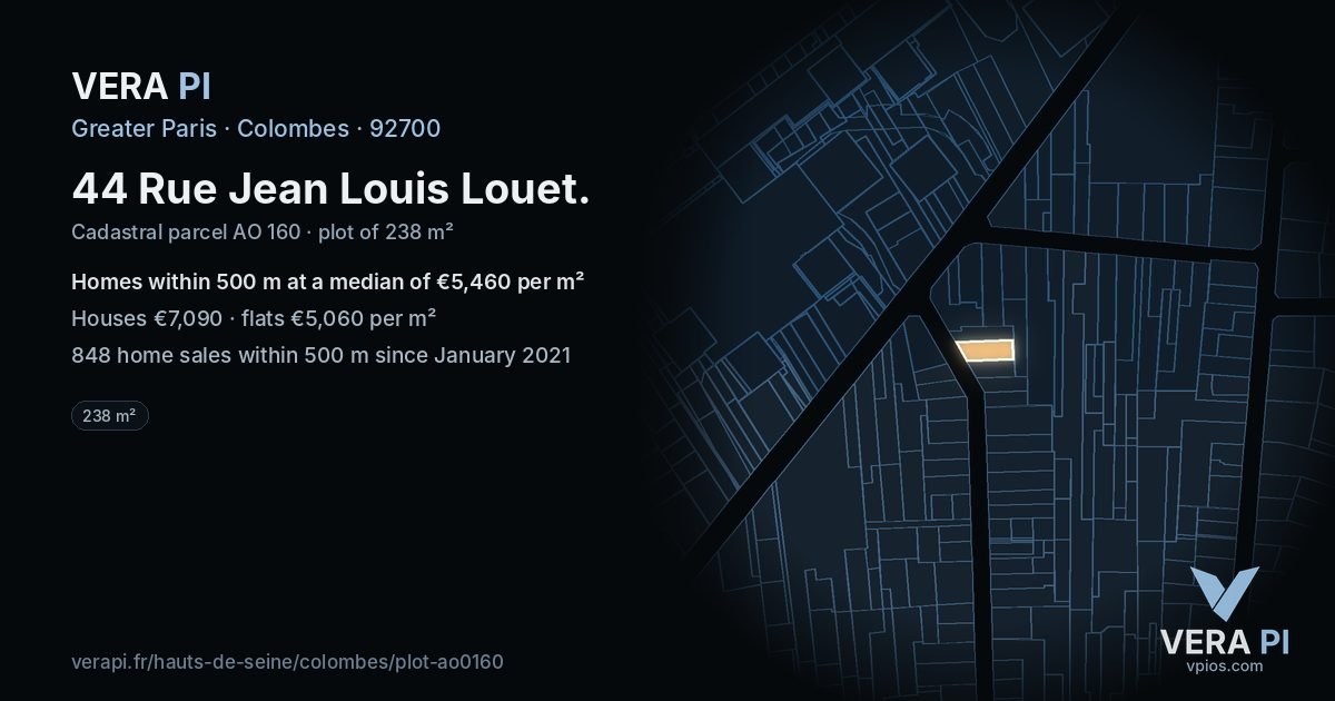 44 Rue Jean Louis Louet, Colombes at night – the plot lit, the parcels around coloured by the prices near them