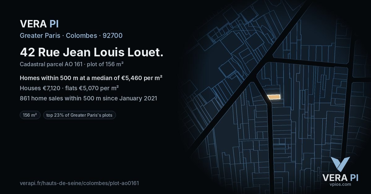 42 Rue Jean Louis Louet, Colombes at night – the plot lit, the parcels around coloured by the prices near them
