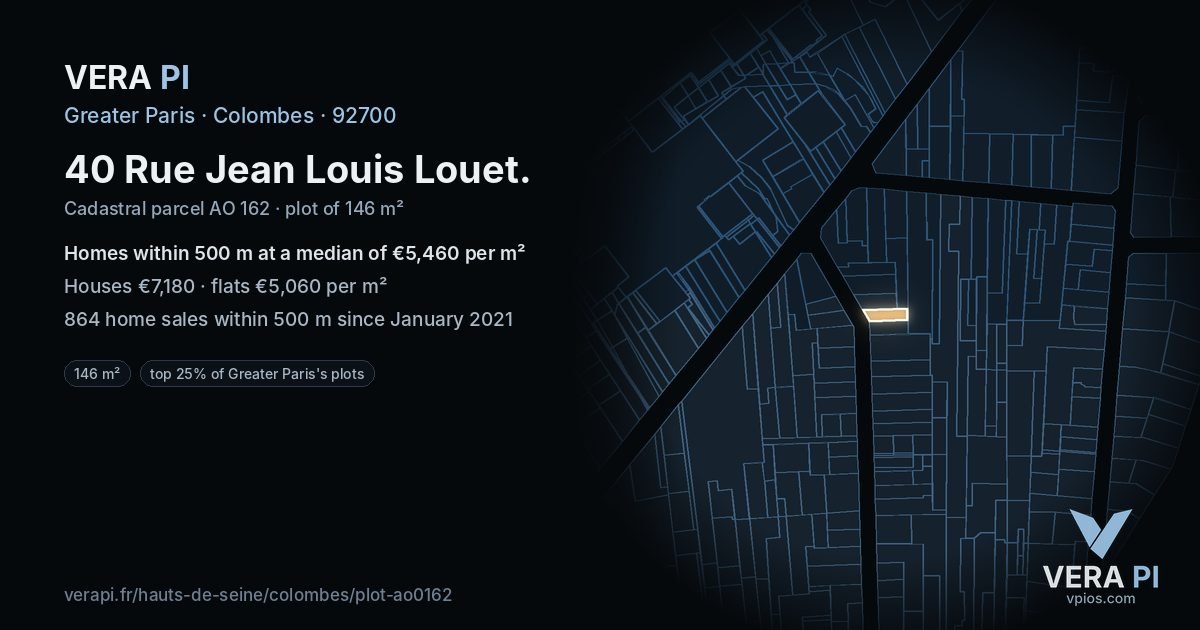 40 Rue Jean Louis Louet, Colombes at night – the plot lit, the parcels around coloured by the prices near them