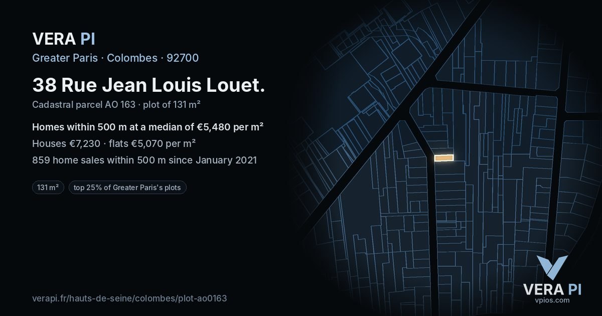 38 Rue Jean Louis Louet, Colombes at night – the plot lit, the parcels around coloured by the prices near them