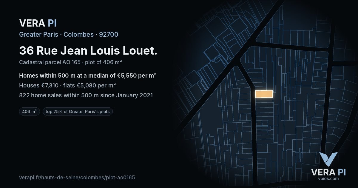 36 Rue Jean Louis Louet, Colombes at night – the plot lit, the parcels around coloured by the prices near them
