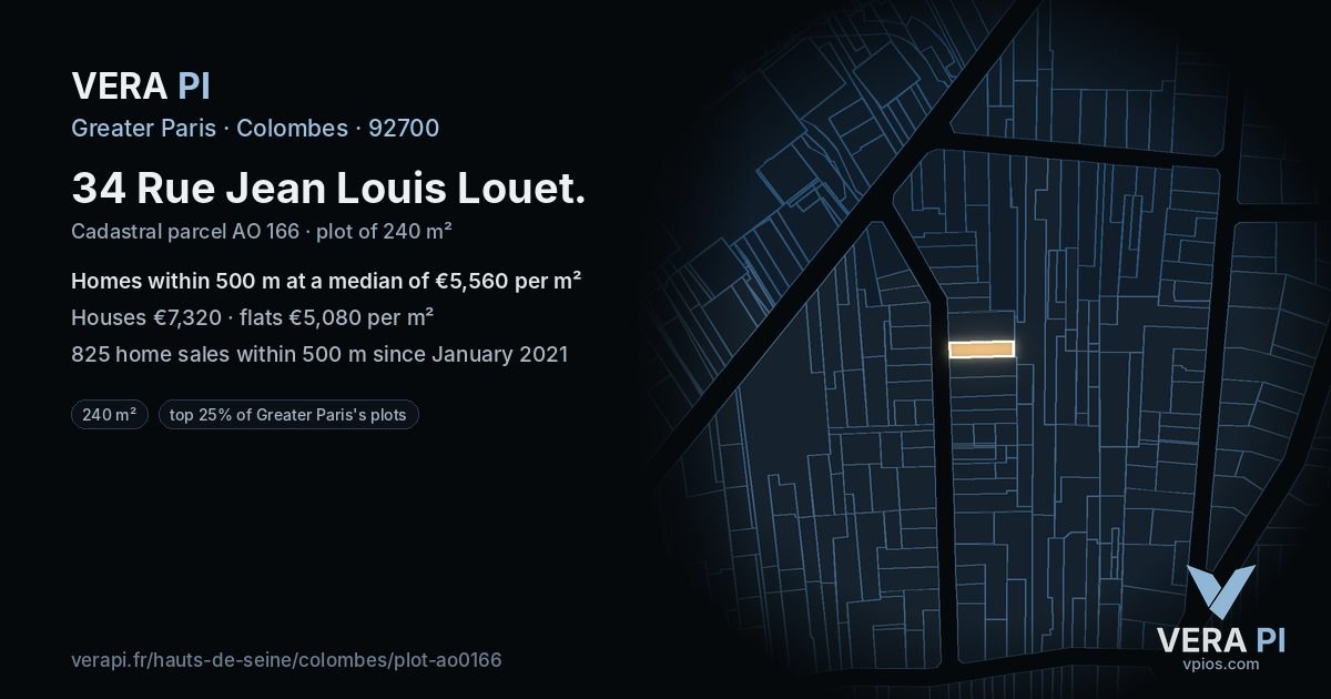 34 Rue Jean Louis Louet, Colombes at night – the plot lit, the parcels around coloured by the prices near them