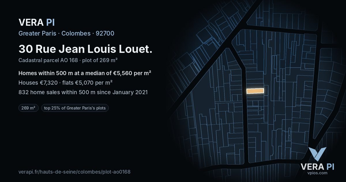 30 Rue Jean Louis Louet, Colombes at night – the plot lit, the parcels around coloured by the prices near them