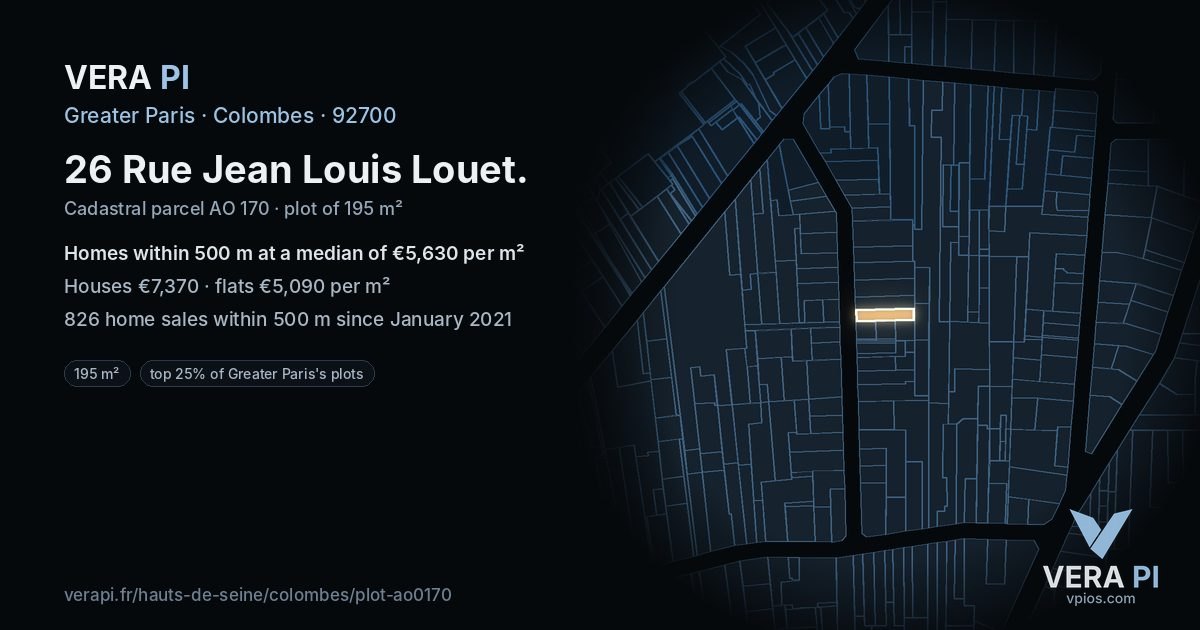 26 Rue Jean Louis Louet, Colombes at night – the plot lit, the parcels around coloured by the prices near them