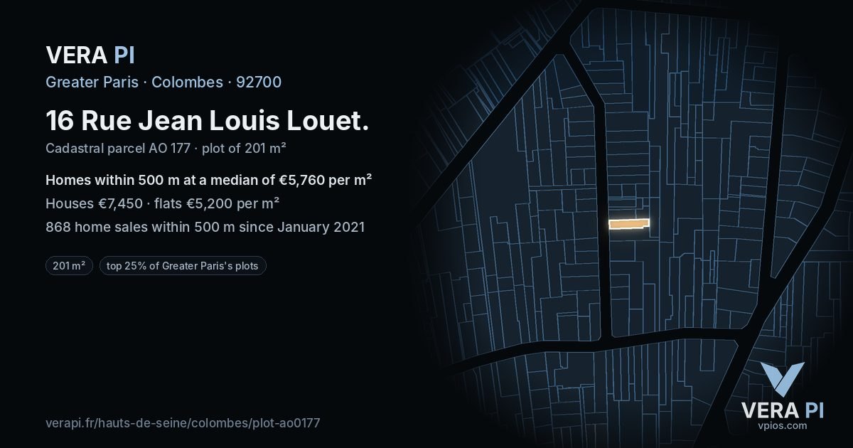 16 Rue Jean Louis Louet, Colombes at night – the plot lit, the parcels around coloured by the prices near them