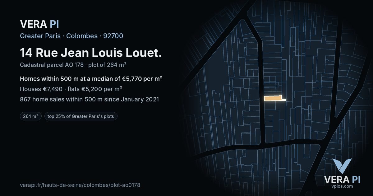 14 Rue Jean Louis Louet, Colombes at night – the plot lit, the parcels around coloured by the prices near them