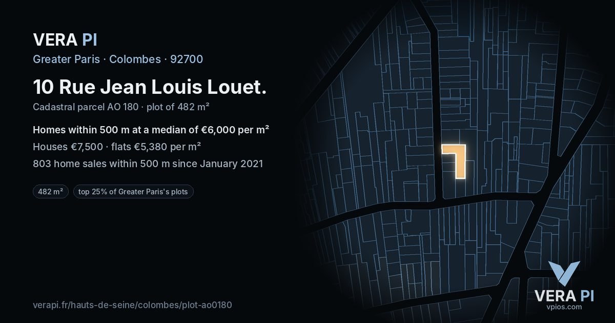 10 Rue Jean Louis Louet, Colombes at night – the plot lit, the parcels around coloured by the prices near them
