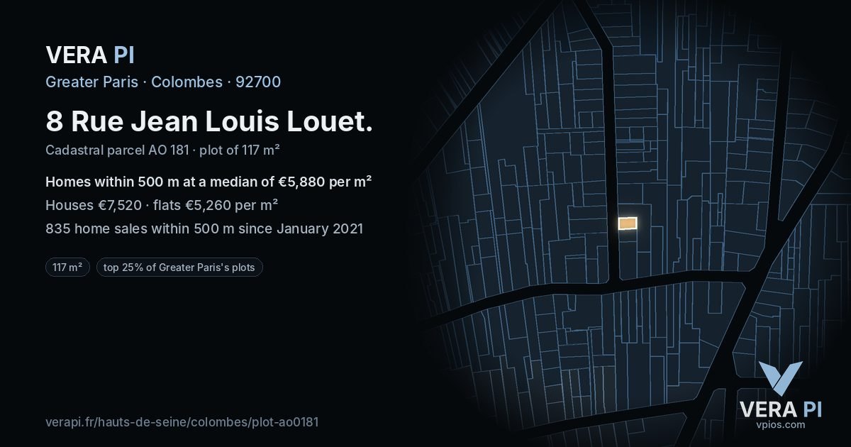 8 Rue Jean Louis Louet, Colombes at night – the plot lit, the parcels around coloured by the prices near them