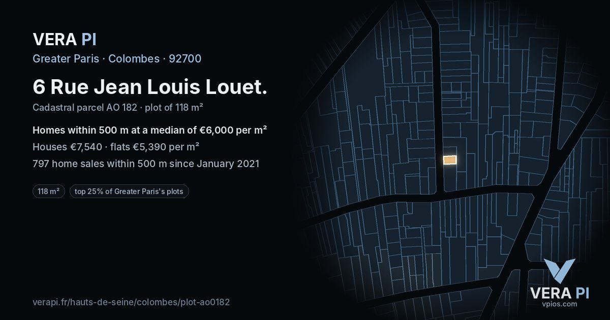 6 Rue Jean Louis Louet, Colombes at night – the plot lit, the parcels around coloured by the prices near them