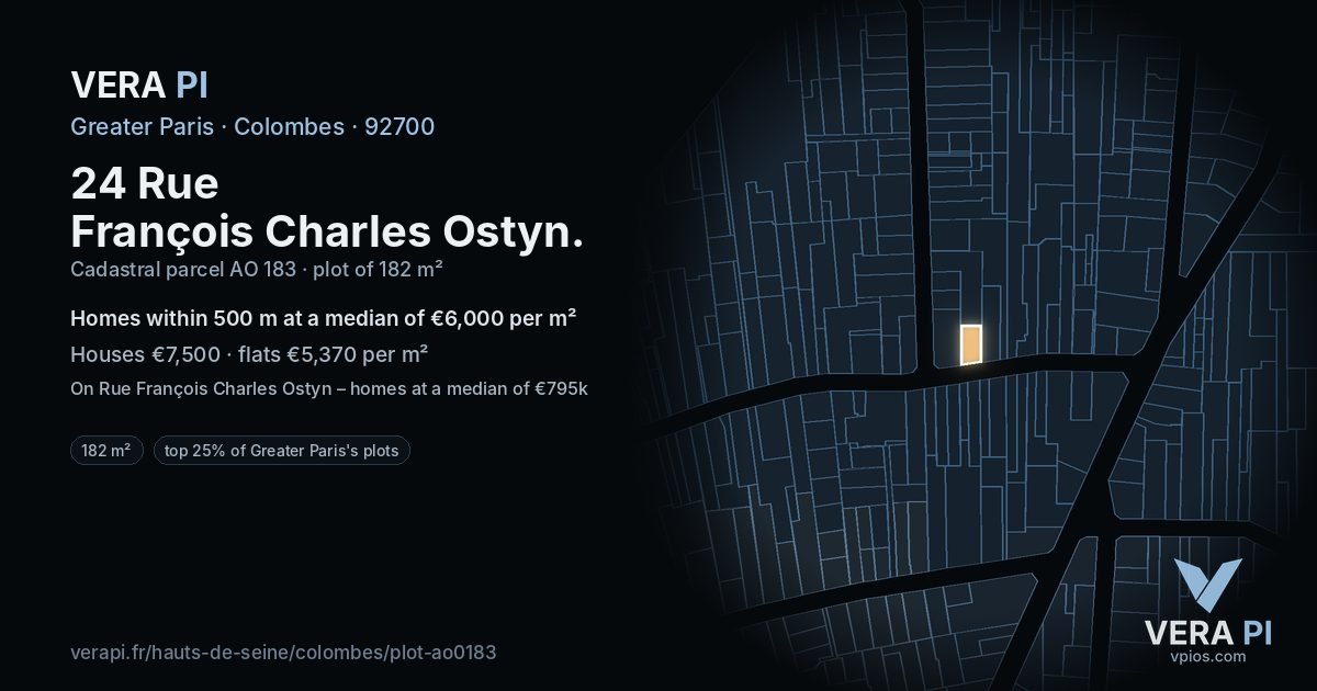 24 Rue François Charles Ostyn, Colombes at night – the plot lit, the parcels around coloured by the prices near them