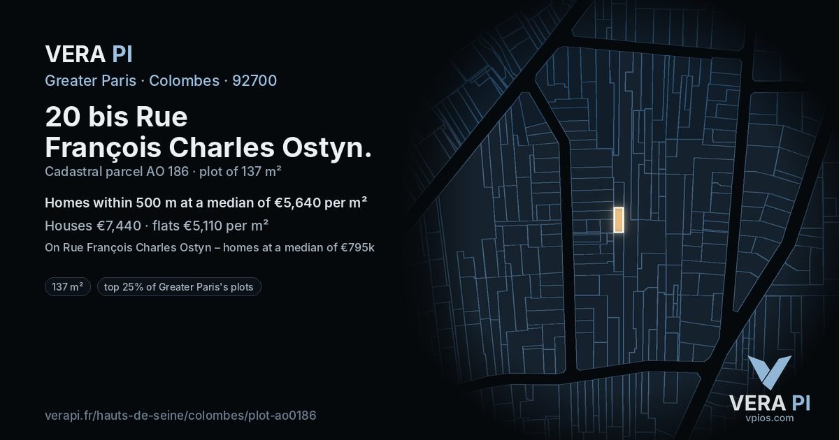 20 bis Rue François Charles Ostyn, Colombes at night – the plot lit, the parcels around coloured by the prices near them