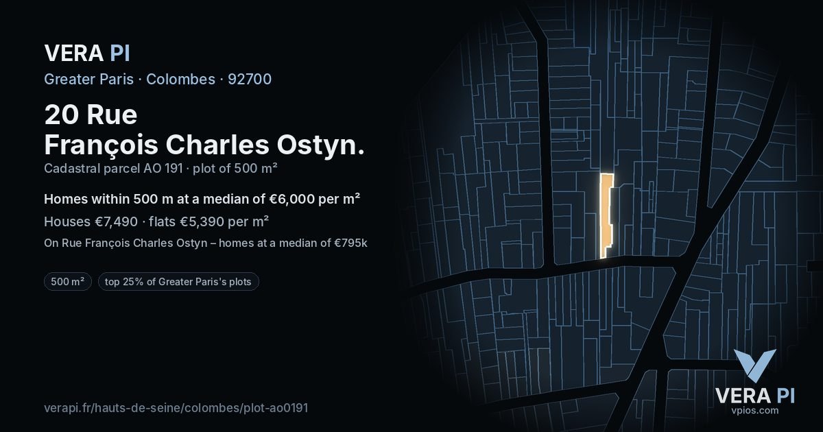 20 Rue François Charles Ostyn, Colombes at night – the plot lit, the parcels around coloured by the prices near them