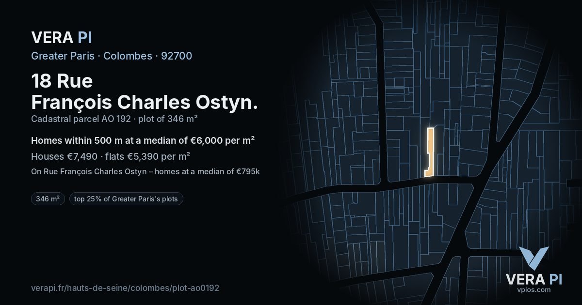 18 Rue François Charles Ostyn, Colombes at night – the plot lit, the parcels around coloured by the prices near them