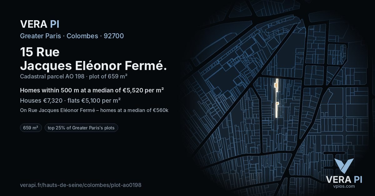 15 Rue Jacques Eléonor Fermé, Colombes at night – the plot lit, the parcels around coloured by the prices near them