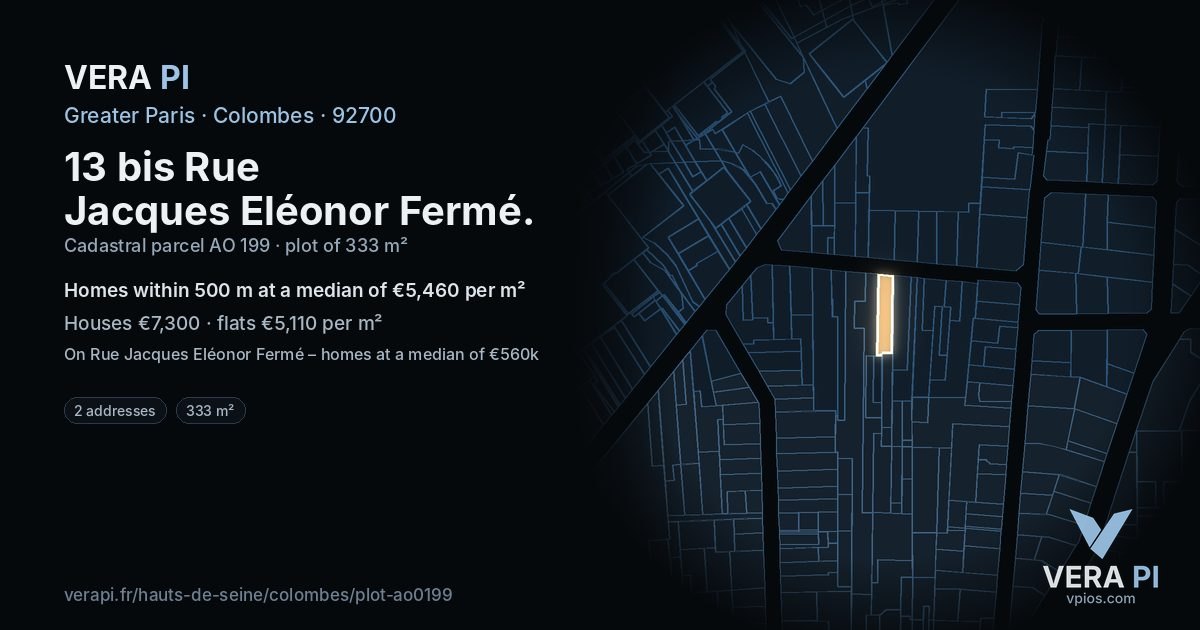 13 bis Rue Jacques Eléonor Fermé, Colombes at night – the plot lit, the parcels around coloured by the prices near them