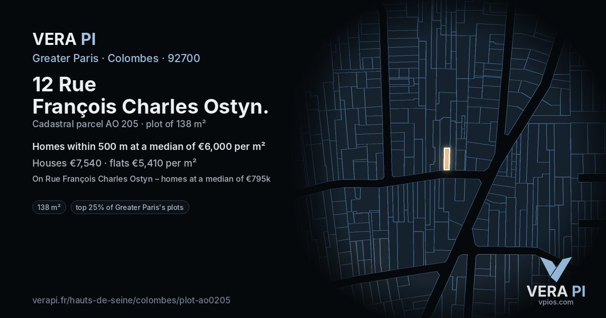 12 Rue François Charles Ostyn, Colombes at night – the plot lit, the parcels around coloured by the prices near them