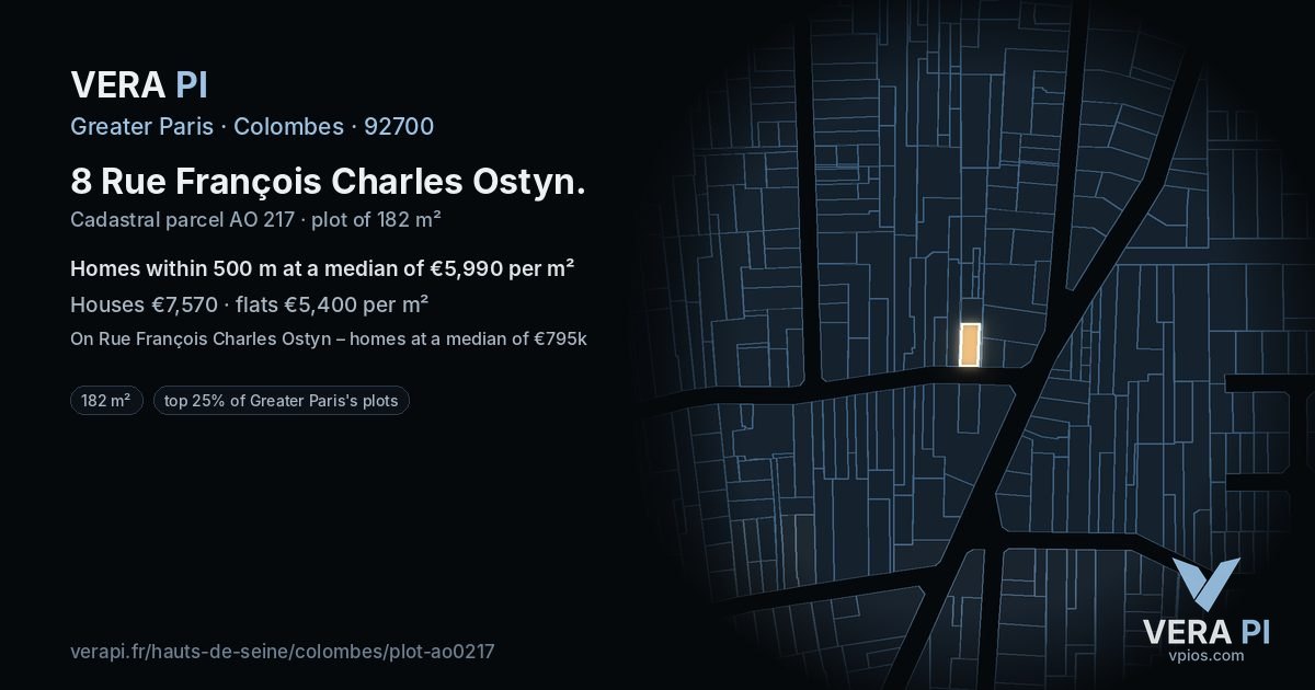 8 Rue François Charles Ostyn, Colombes at night – the plot lit, the parcels around coloured by the prices near them