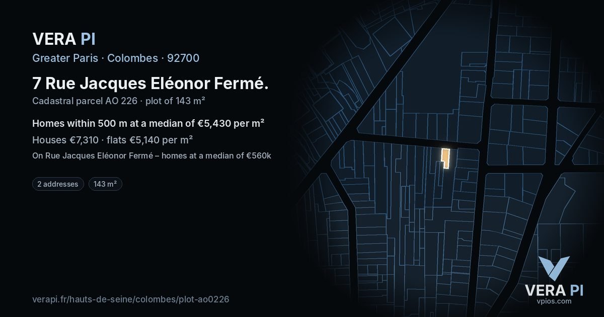 7 Rue Jacques Eléonor Fermé, Colombes at night – the plot lit, the parcels around coloured by the prices near them