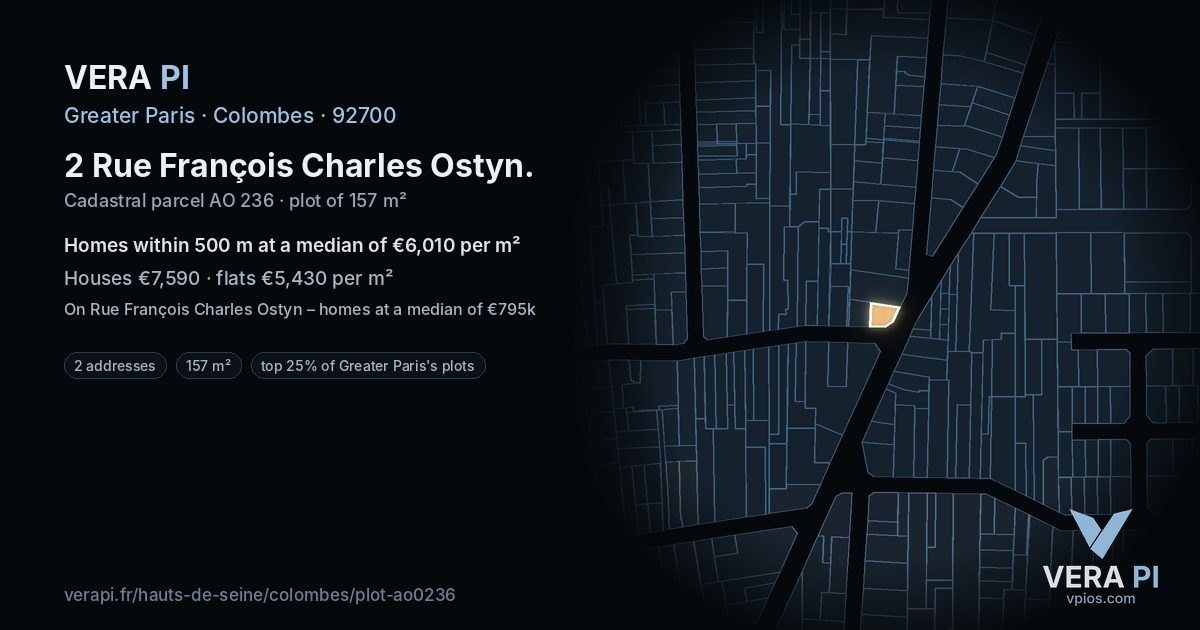 2 Rue François Charles Ostyn, Colombes at night – the plot lit, the parcels around coloured by the prices near them