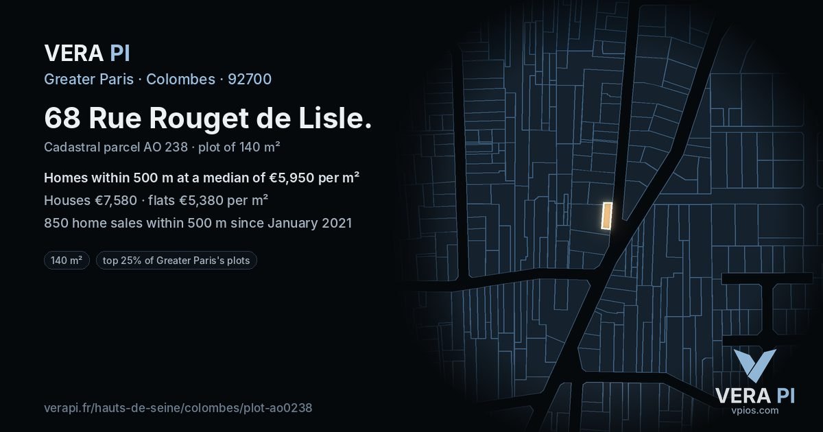68 Rue Rouget de Lisle, Colombes at night – the plot lit, the parcels around coloured by the prices near them