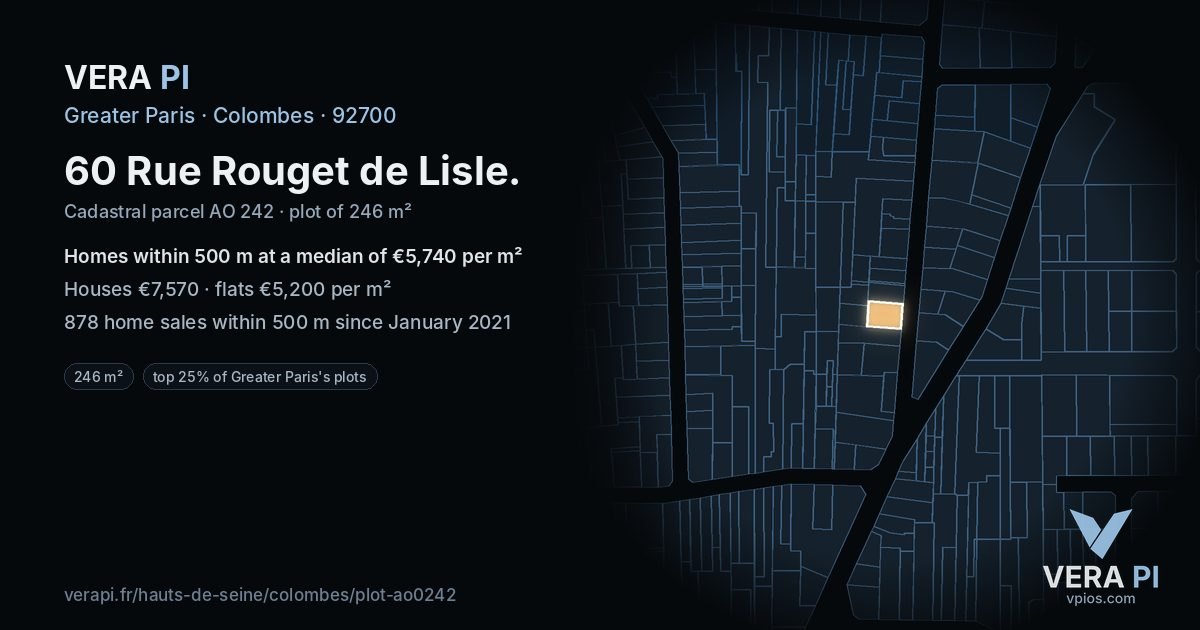 60 Rue Rouget de Lisle, Colombes at night – the plot lit, the parcels around coloured by the prices near them
