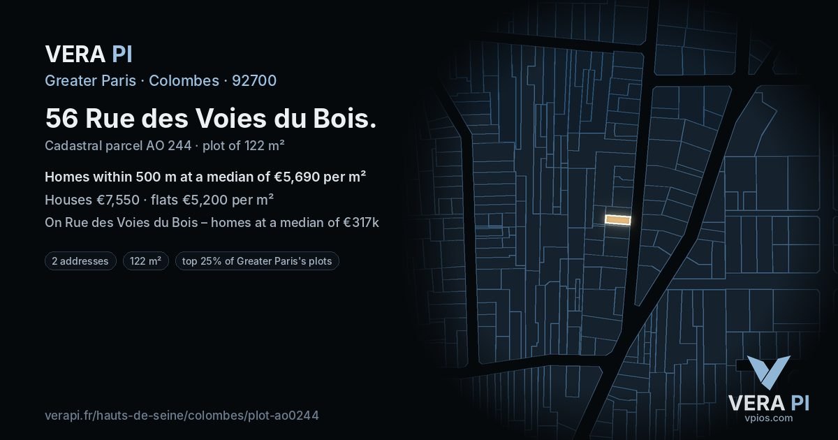 56 Rue des Voies du Bois, Colombes at night – the plot lit, the parcels around coloured by the prices near them