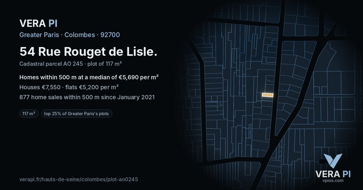 54 Rue Rouget de Lisle, Colombes at night – the plot lit, the parcels around coloured by the prices near them