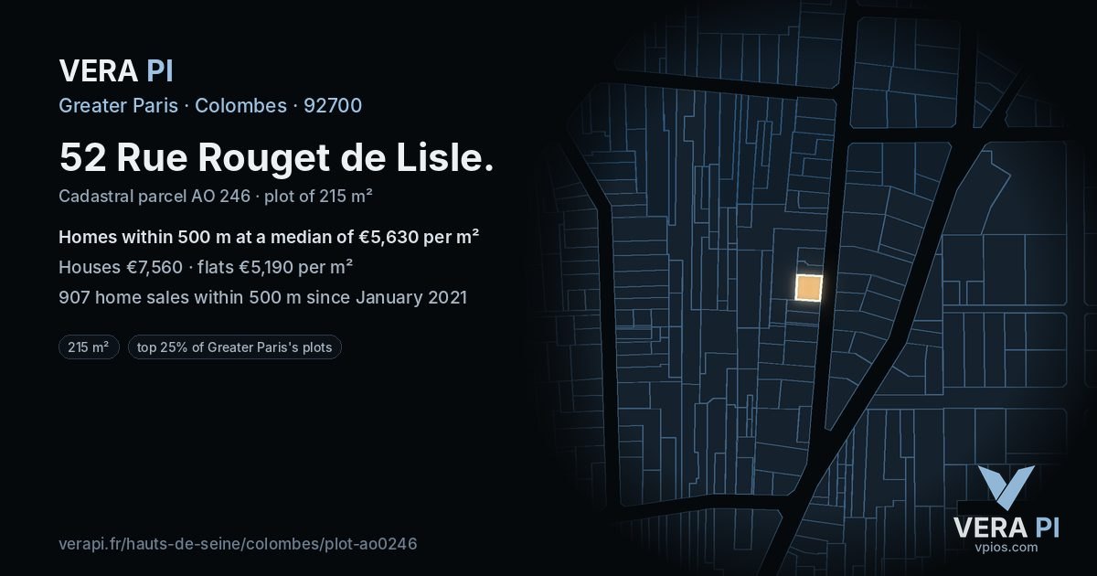 52 Rue Rouget de Lisle, Colombes at night – the plot lit, the parcels around coloured by the prices near them