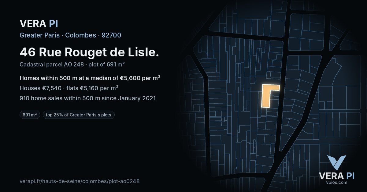 46 Rue Rouget de Lisle, Colombes at night – the plot lit, the parcels around coloured by the prices near them