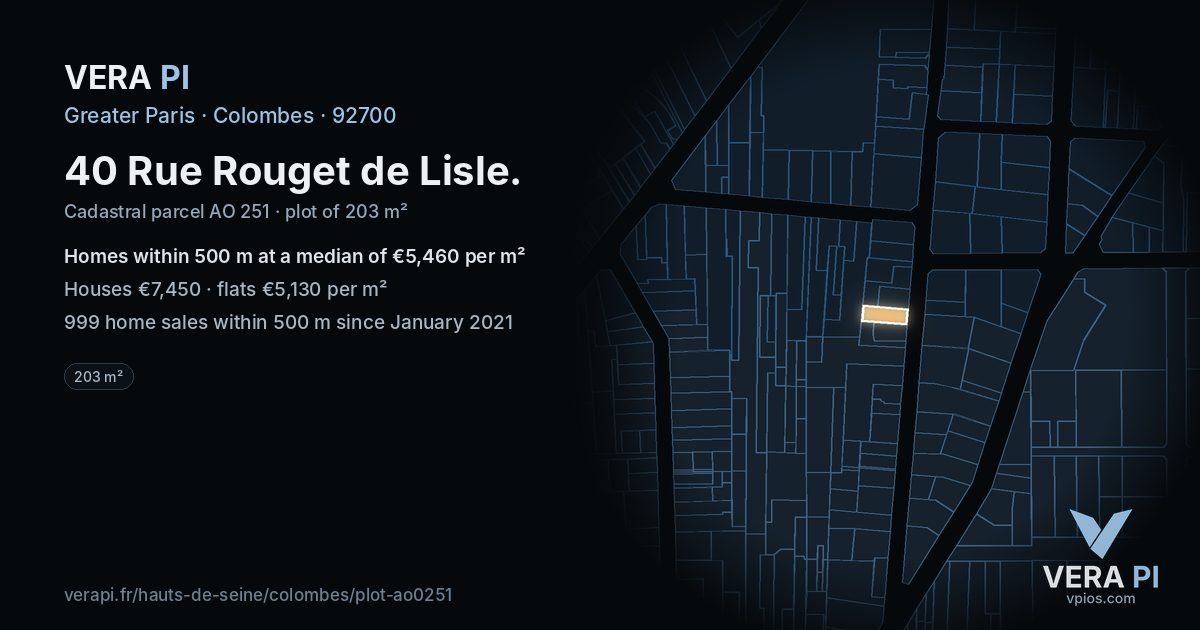 40 Rue Rouget de Lisle, Colombes at night – the plot lit, the parcels around coloured by the prices near them