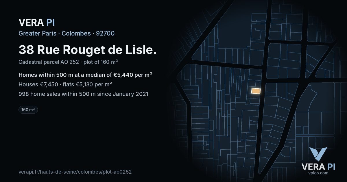 38 Rue Rouget de Lisle, Colombes at night – the plot lit, the parcels around coloured by the prices near them